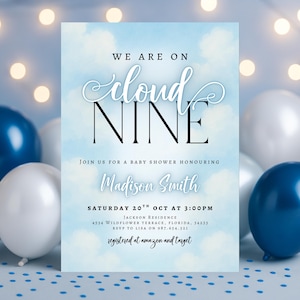 Editable Cloud 9 Baby Shower Invitation, Blue Cloud Nine Baby Shower Invite, Boy We&#39;re on Cloud Nine Shower, Canva Instant Download Template