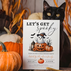 May include: A Halloween party invitation with the text "LET'S GET spooky" and a graphic of a ghost in a witch hat on a pumpkin. A black cat is in the background, with pumpkins and fall foliage.