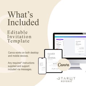 May include: A digital illustration of a wedding invitation template on a computer screen. The template is customisable and can be edited using Canva. The text on the template reads "Oliver and Ariana" and "08.14.2".