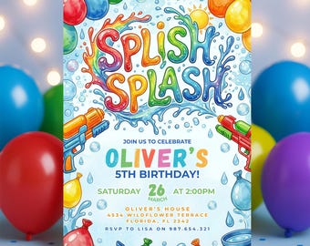 Splish Splash Birthday Invitation Rainbow Water Fight Party Invite Template