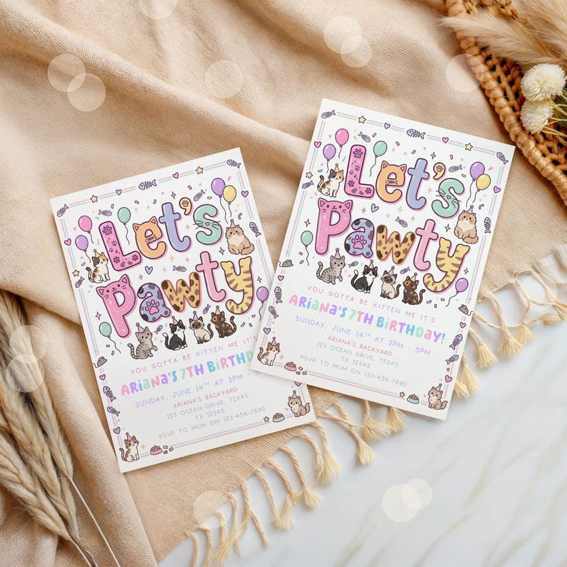 May include: Two rectangular invitations with the text "Let's Pawty" in pastel colors, decorated with cat illustrations, balloons, and fish bones. The invitations announce Ariana's 7th birthday.