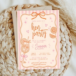 May include: A rectangular invitation card with a light pink and white striped background featuring a central orange bow, a cocktail glass illustration, orange slices, and pink stars. The text reads: You're invited to a hen party, join us to celebrate the bride-to-be Sianna, July, The Beach House, Palm Springs, CA1239, RSVP to Kate by 06/28, 123-456-7890 / kate@email.com, good friends, good drinks, unforgettable memories.