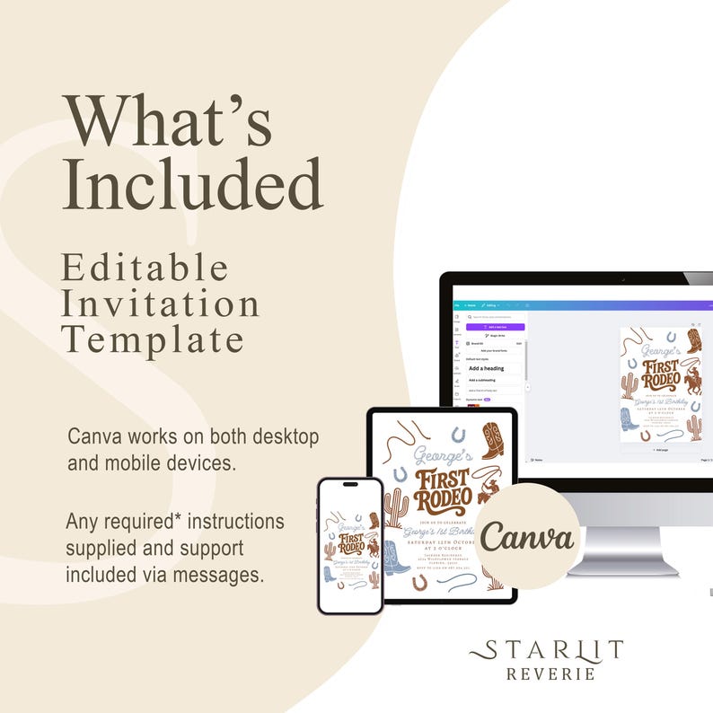 May include: An editable rodeo-themed invitation template shown on a computer, tablet, and smartphone. The design features cowboy boots, horseshoes, and cactus illustrations. The Canva logo is also visible.