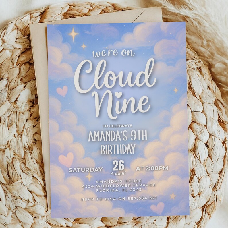 Editable 9th Birthday Party Invitation, Pastel Cloud Nine, We're on ...