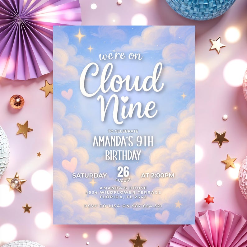 Editable 9th Birthday Party Invitation, Pastel Cloud Nine, We're on ...