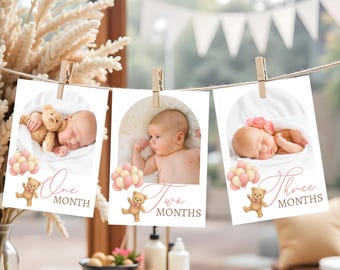 Bearys första år i fotoredigerbar mall, nallebjörnens första födelsedag, 1-årsfödelsedagsflicka, Bearys 1-årsfest, rosa dekortema