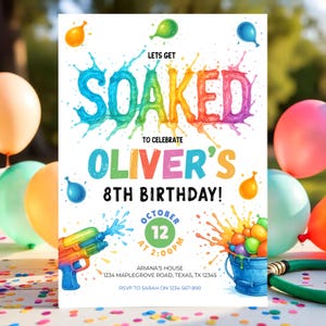 Invito di compleanno con palloncini d'acqua, invito con pistola ad acqua, bagnamoci, battaglia d'acqua, festa a spruzzo, festa estiva in piscina, modello Canva modificabile