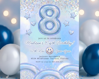 Girl's Blue 8th Birthday Invitation Irridecent Holographic Pastel Eight Party Invite Template