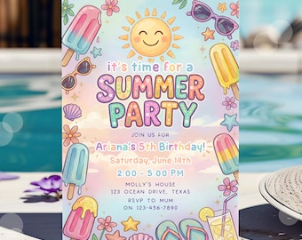Summer Party Invitation Editable Kids Birthday Invite Template