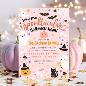 May include: A pink Halloween party invitation with the text "Join us for a Spooktacular Halloween bash!" and details for the Jackson family. The design includes bats, ghosts, pumpkins, and a black cat.