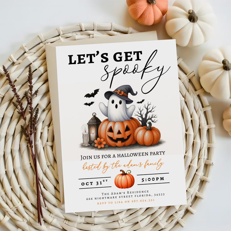 May include: A Halloween party invitation with the text "LET'S GET spooky". The invitation features a ghost wearing a witch hat, sitting on a carved pumpkin, with bats and a tree. The invitation also includes the date, time, and address.