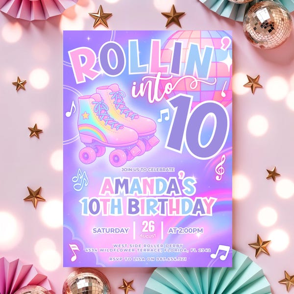 Invitación editable para fiesta de cumpleaños número 10 con patinaje sobre ruedas, fiesta de patinaje con brillo neón pastel, pista de patinaje, discoteca, descarga instantánea