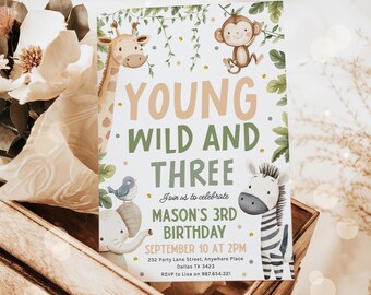 Editable Young Wild And Three Birthday Invitation, Three Years Old Safari Birthday, Safari Invitation, Wild Child Birthday, Canva Template
