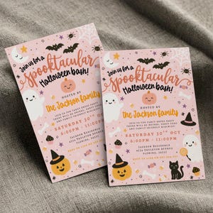 May include: Two pink Halloween party invitations with the text "Join us for a Spooktacular Halloween bash!" featuring bats, spiders, ghosts, and pumpkins. The invitations include event details and are hosted by the Jackson family.