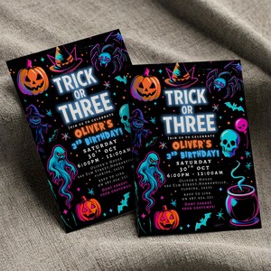 May include: Two Halloween-themed invitations with a black background. The invitations feature neon orange pumpkins, spiders, ghosts, and skulls. Text reads "Trick or Three" and announces Oliver's 3rd birthday on October 30th.