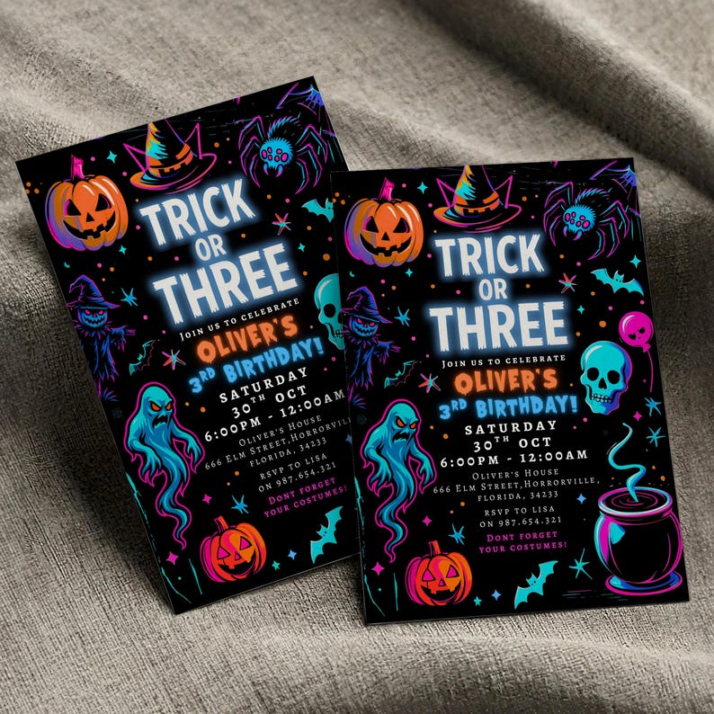 May include: Two Halloween-themed invitations with a black background. The invitations feature neon orange pumpkins, spiders, ghosts, and skulls. Text reads "Trick or Three" and announces Oliver's 3rd birthday on October 30th.