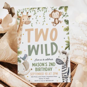 Bearbeitbar zwei wilde Geburtstagseinladung, zwei Jahre Safari Geburtstag, Safari Einladung, Wild Kind Geburtstag, Canva Vorlage, Sekunde, 2