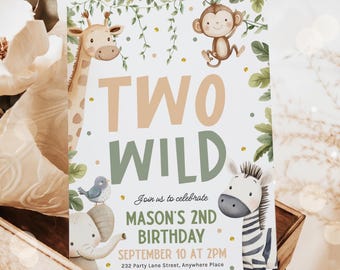 Two Wild Safari 2nd Birthday Invitation Animal Party Invite Editable Canva Template
