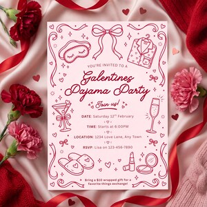 K&ouml;nnte beinhalten: Rosafarbene Galentine's Pyjama Party Einladung mit roten Illustrationen: Schlafmaske, Schleife, Pyjama-Oberteil, Martini, Sektglas, Hausschuhe, Lippenstift und Puder. Der Text enth&auml;lt Datum, Uhrzeit, Ort und RSVP-Informationen.
