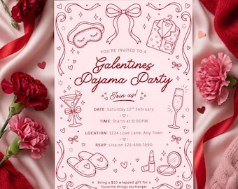 Galentine's Pajama Party Invitation Pink Red Bow Sleepover Slumber Editable Template