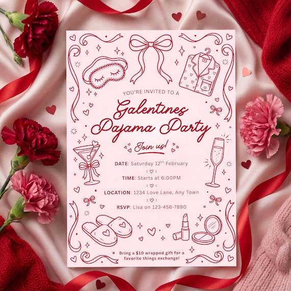 Galentine's Pajama Party Invitation Pink Red Bow Sleepover Slumber Editable Template