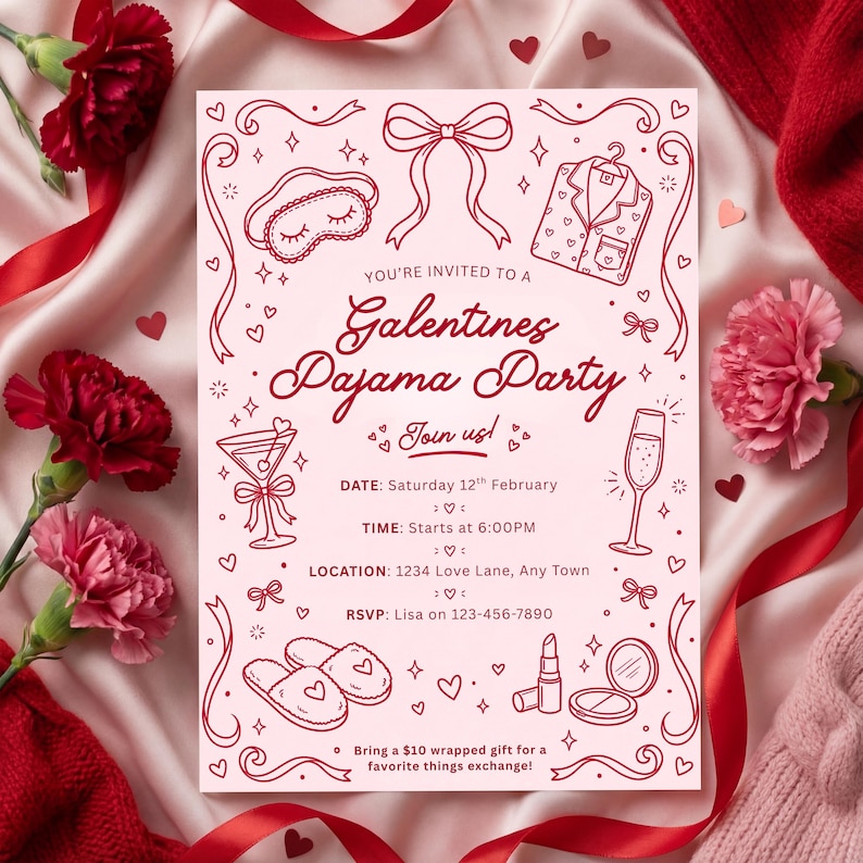 K&ouml;nnte beinhalten: Rosafarbene Galentine's Pyjama Party Einladung mit roten Illustrationen: Schlafmaske, Schleife, Pyjama-Oberteil, Martini, Sektglas, Hausschuhe, Lippenstift und Puder. Der Text enth&auml;lt Datum, Uhrzeit, Ort und RSVP-Informationen.