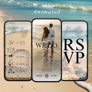 Op de afbeelding: Een digitale huwelijksuitnodigingstemplate met een strandachtergrond. De template toont een stel op het strand, een hart met de woorden "We Do" en de namen "Ariana & Harry". De template bevat ook een schema van evenementen voor de huwelijksdag en een RSVP-sectie.