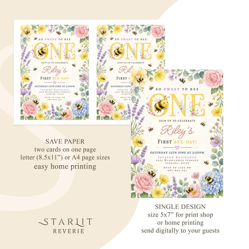 May include: Floral-themed birthday invitations with a bee motif. The design features the text "So Sweet to Bee One" and "Riley's First Bee-Day!" surrounded by watercolor flowers and bumblebees. The invitations are available in two sizes.