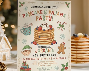 Pancakes and Pajamas Christmas Birthday Party Invitation Editable Holiday PJ Invite Template