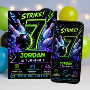 May include: A bowling-themed birthday invitation with a neon green and purple color scheme. The design features a bowling ball hitting pins, the word "Strike!" and the name "Jordan" with the age "7". Includes event details.