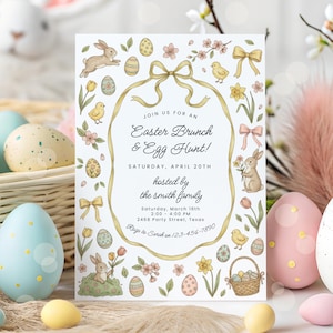 Easter Brunch and Egg Hunt Invitation Editable Bunny Spring Yellow Bow Invite Template