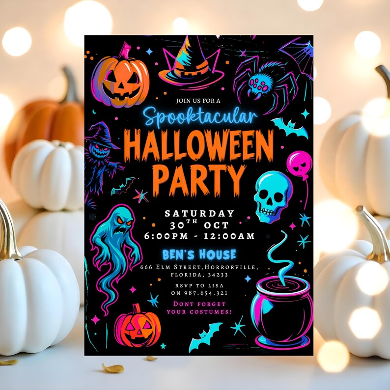 Puede incluir: Una invitaci&oacute;n a una fiesta de Halloween con un fondo negro y gr&aacute;ficos en naranja ne&oacute;n, rosa y azul. La invitaci&oacute;n incluye una calabaza, una ara&ntilde;a, una calavera y un caldero. El texto dice "Spooktacular Halloween Party".