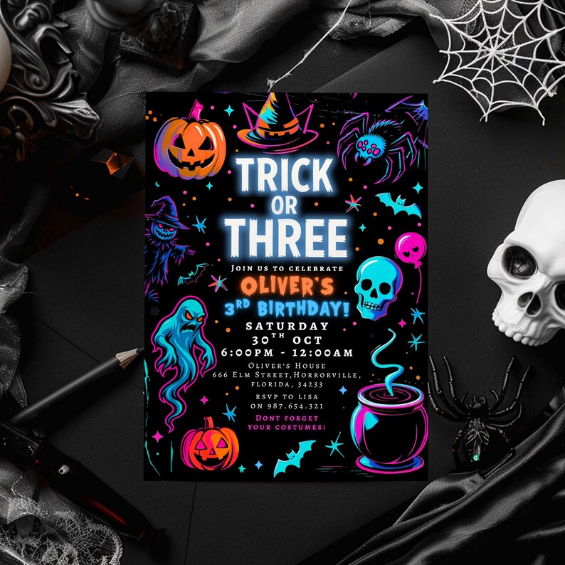 May include: A black Halloween-themed invitation with neon illustrations of a pumpkin, witch's hat, spider, ghost, skull, and cauldron. The text reads "Trick or Three" and invites guests to Oliver's 3rd birthday on October 30th.