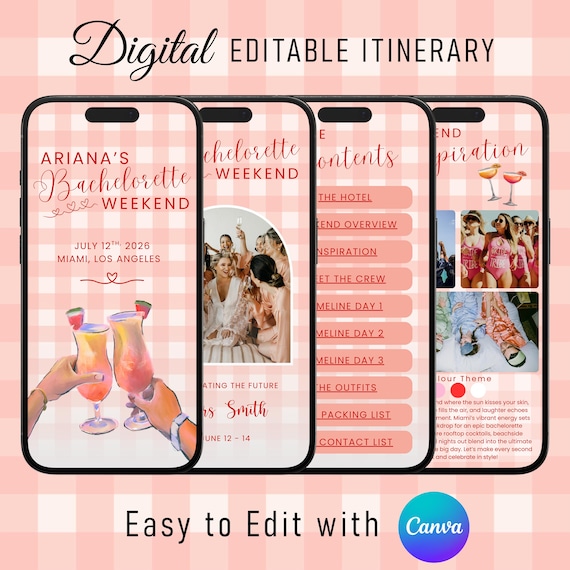 Editable Bachelorette Weekend Itinerary Digital Template for Canva Bridal Planner