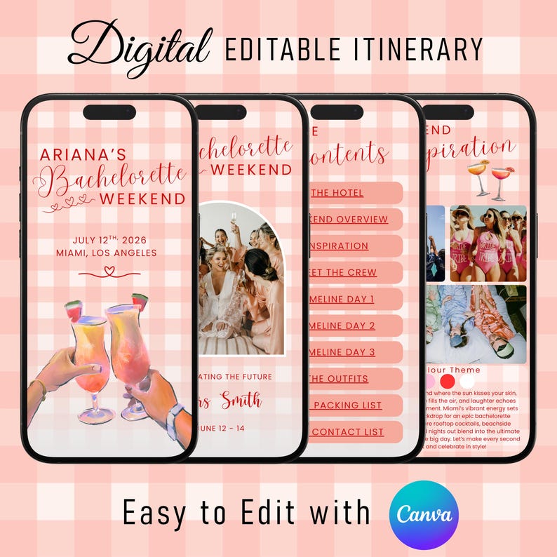 May include: A digital itinerary template for a bachelorette weekend. The template is pink and white with a gingham pattern. It includes a title, date, location, and a list of contents. The template is designed to be edited using Canva.