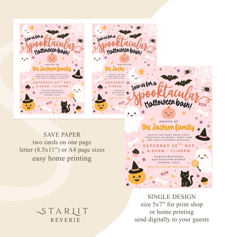 May include: Pink Halloween party invitations with the text "Join us for a spooktacular Halloween bash!" featuring a pumpkin, ghost, and black cat. The invitations are available in two sizes, letter (8.5x11") or A4 page sizes.