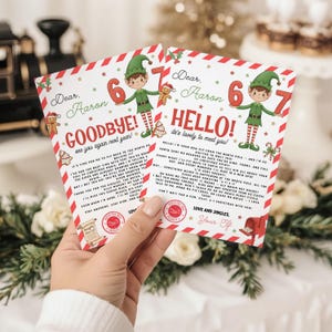 Op de afbeelding: Twee kerstkaarten met elfenillustraties en de tekst "Lieve Aaron, Tot ziens!" en "Lieve Aaron, Hallo!". De kaarten hebben rood-witte gestreepte randen en feestelijke afbeeldingen.