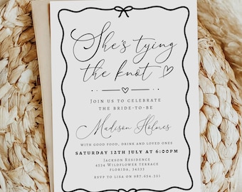 She's Tying the Knot Black Bow Bridal Shower Invitation Canva Template