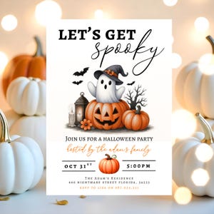 May include: Halloween party invitation with the text "LET'S GET spooky". The invitation features a cartoon ghost wearing a witch hat, sitting on a carved pumpkin, with bats and a tree. The date and time are displayed in orange text.