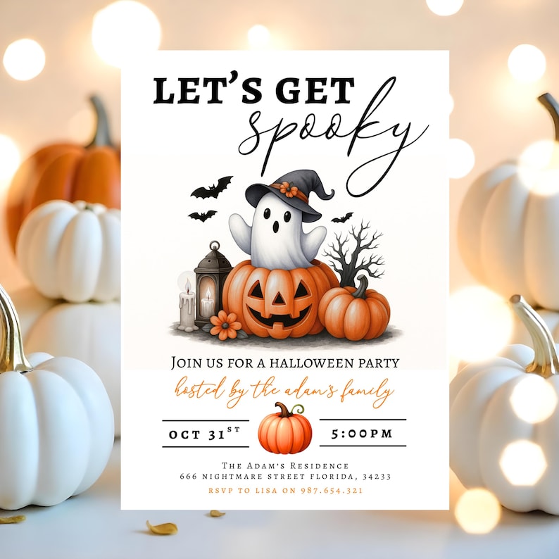 May include: Halloween party invitation with the text "LET'S GET spooky". The invitation features a cartoon ghost wearing a witch hat, sitting on a carved pumpkin, with bats and a tree. The date and time are displayed in orange text.