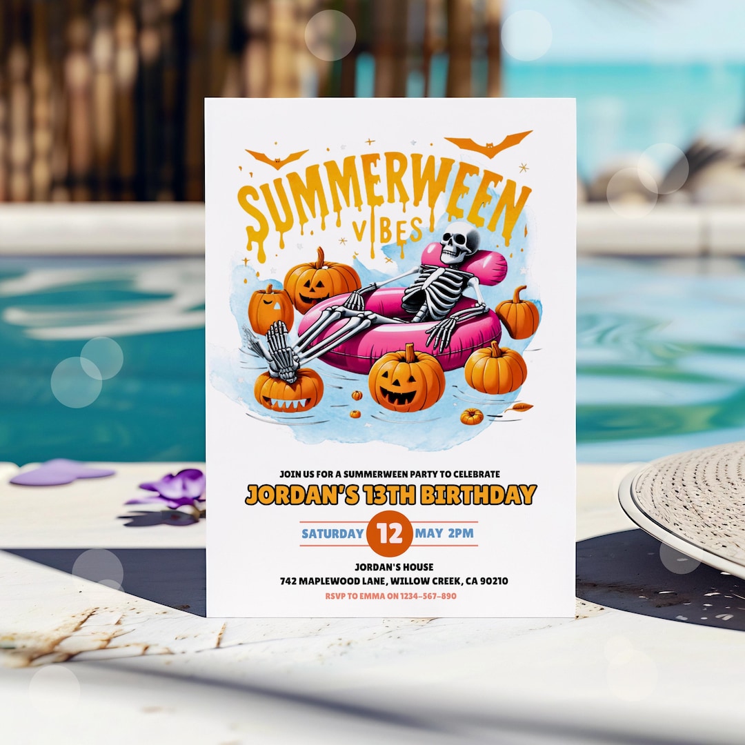 Summerween Birthday Invitation Skeleton Pool Party Editable Template - Etsy