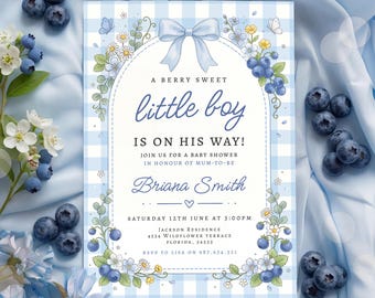 Berry Baby Shower Invitation A Berry Sweet Little Boy Invite Blueberry Bow Editable Template