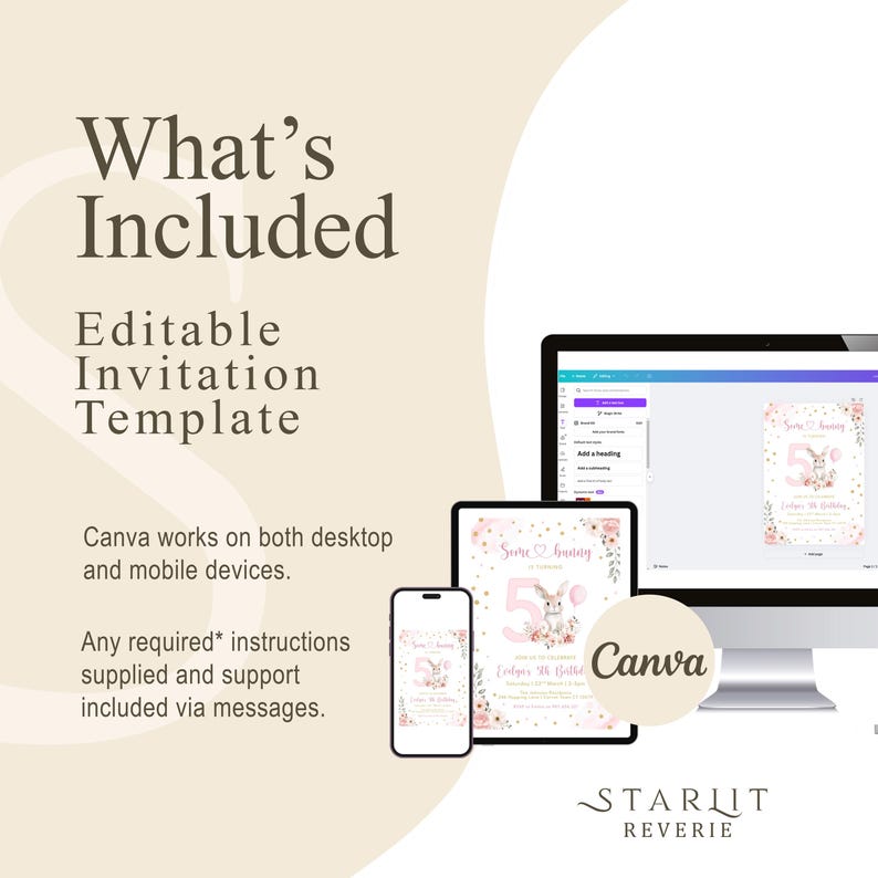 May include: An editable invitation template shown on a computer, tablet, and phone. The design includes a bunny illustration and the text "Sara Bunny". The Canva logo is present, indicating compatibility with the design platform.