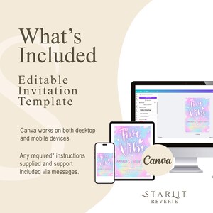 Puede incluir: Una plantilla de invitaci&oacute;n editable se muestra en una computadora de escritorio, tableta y tel&eacute;fono inteligente. El dise&ntilde;o de la invitaci&oacute;n presenta colores pastel y el texto "Five is a Vibe". El logotipo de Canva tambi&eacute;n es visible. La imagen promociona una plantilla de invitaci&oacute;n editable.