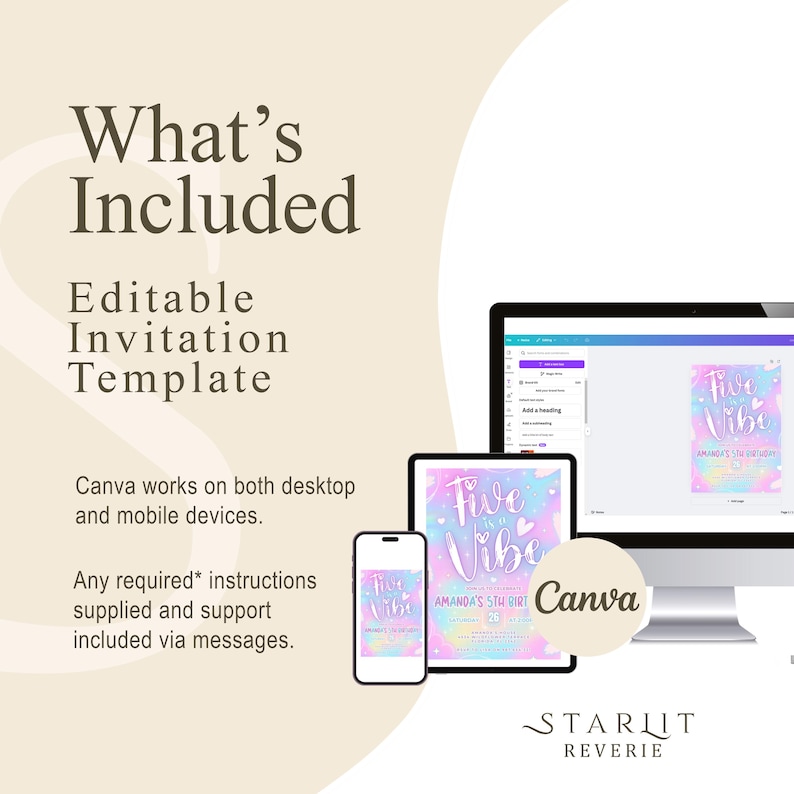 Puede incluir: Una plantilla de invitaci&oacute;n editable se muestra en una computadora de escritorio, tableta y tel&eacute;fono inteligente. El dise&ntilde;o de la invitaci&oacute;n presenta colores pastel y el texto "Five is a Vibe". El logotipo de Canva tambi&eacute;n es visible. La imagen promociona una plantilla de invitaci&oacute;n editable.