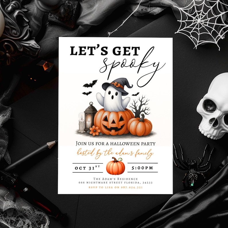 May include: Halloween party invitation with the text "LET'S GET spooky". The invitation features a ghost wearing a witch hat, sitting on a carved pumpkin, with bats, a lantern, and pumpkins. The date is October 31st.
