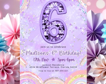 Invitación de cumpleaños número 6 para niñas con lentejuelas de arcoíris morado