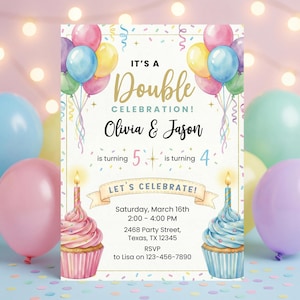 Könnte beinhalten: Eine Geburtstagseinladung mit dem Text "IT'S A Double CELEBRATION!" mit den Namen Olivia & Jason. Die Einladung enthält Ballons, Cupcakes sowie Datum, Uhrzeit und Ort der Party.