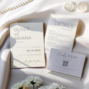 Bearbeitbares Hochzeitseinladungspaket, Qr-Code, Minimale Einladungsvorlage, Modernes Invite Set, Elegantes Online-Rsvp, Detailkarte, Canva