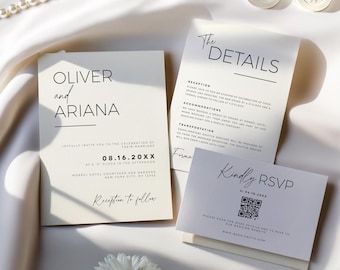 Paquete de invitaciones de boda editables, código QR, plantillas de invitación minimalistas, paquete de invitaciones modernas, confirmación de asistencia online elegante, tarjeta de detalles, Canva